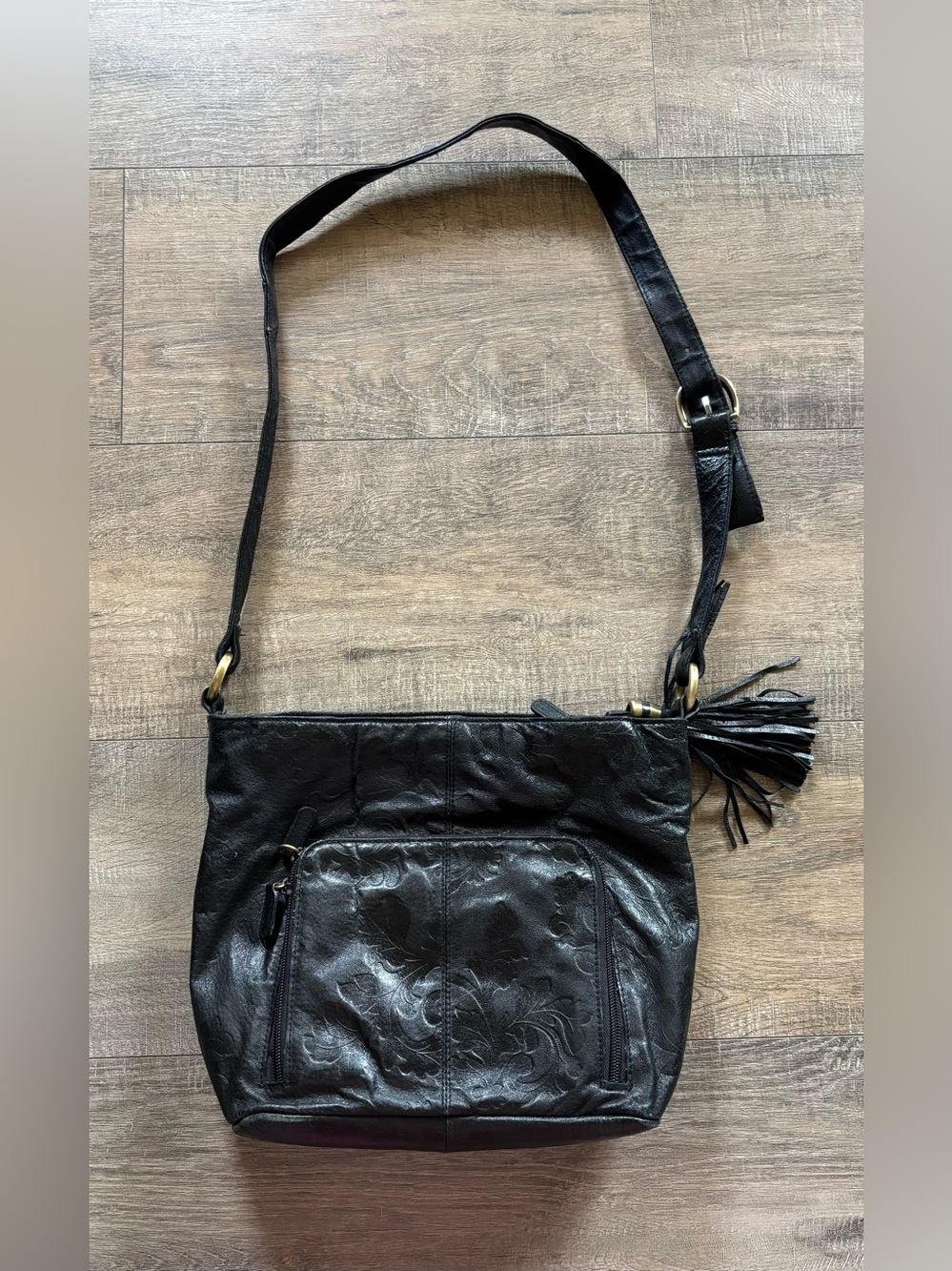Cabin Creek black leather embossed floral detail western shoulder bag w tassel